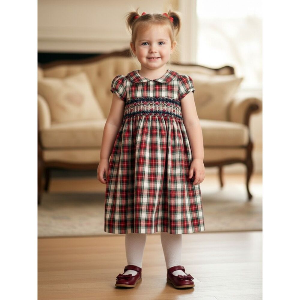 Laura Ashley Girls Red Green Plaid Smocked Christmas Dress 3T